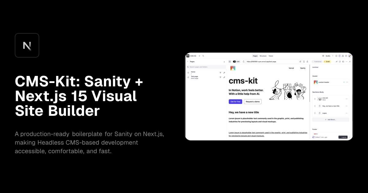 CMS-Kit: Sanity + Next.js 15 Visual Site Builder template preview