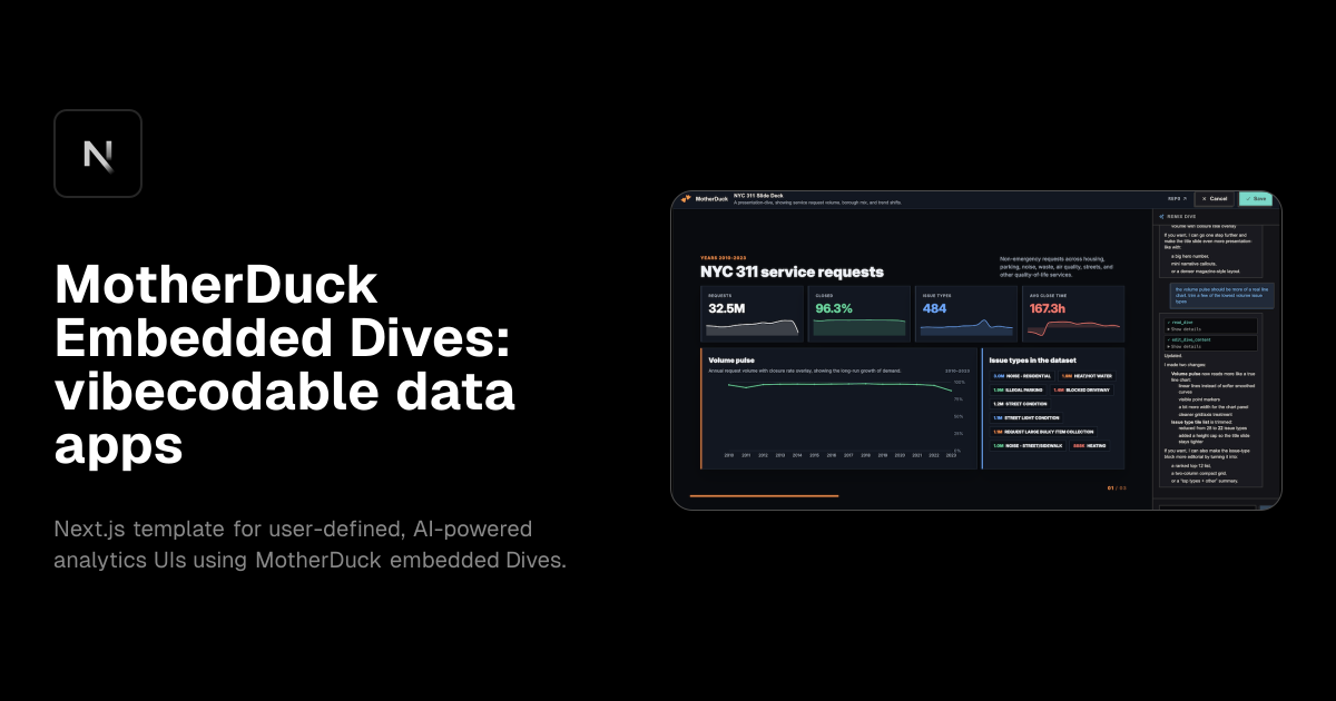 MotherDuck Embedded Dives: vibecodable data apps template preview