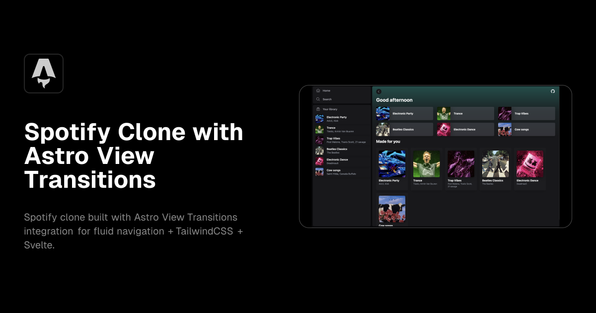 Spotify Clone with Astro View Transitions template preview